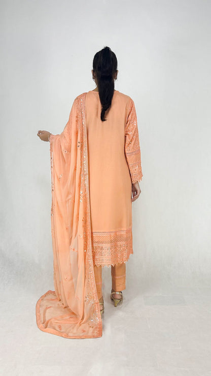 Peach Embroidered Chiffon Shalwar Kameez Formal Ethnic Wear Back Look