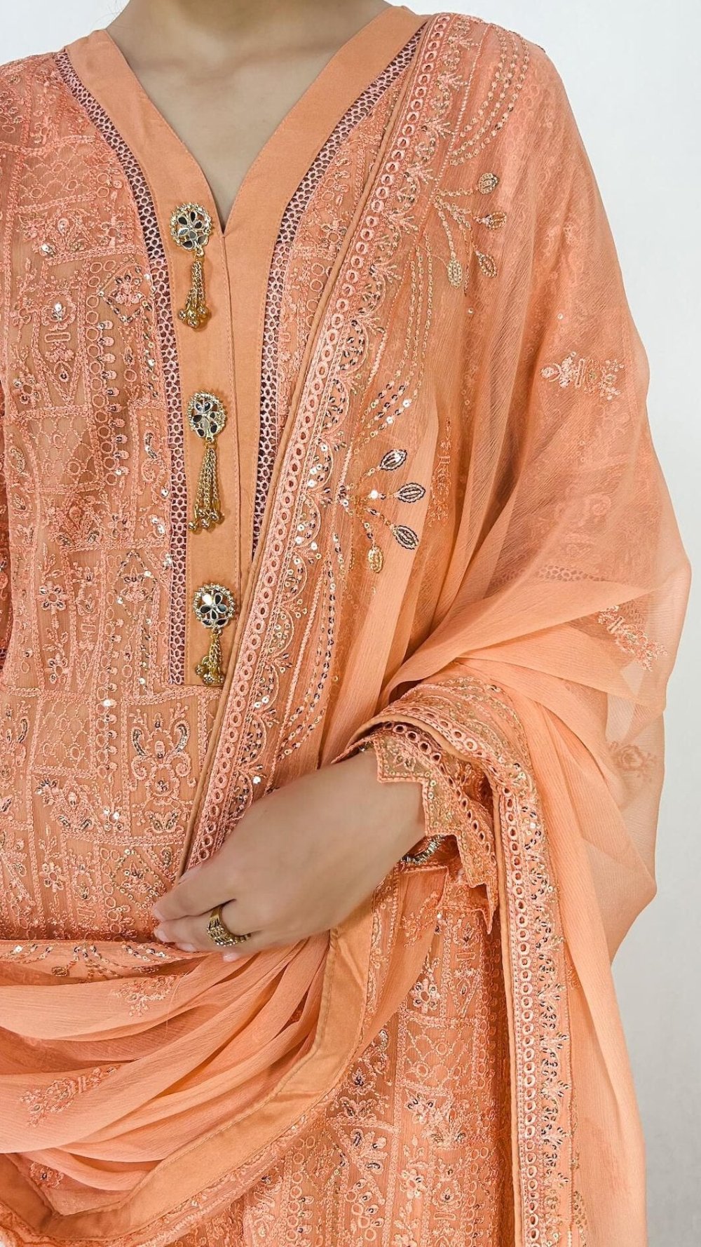 Peach Embroidered Chiffon Shalwar Kameez Formal Ethnic Wear Detailed Embroidery Look