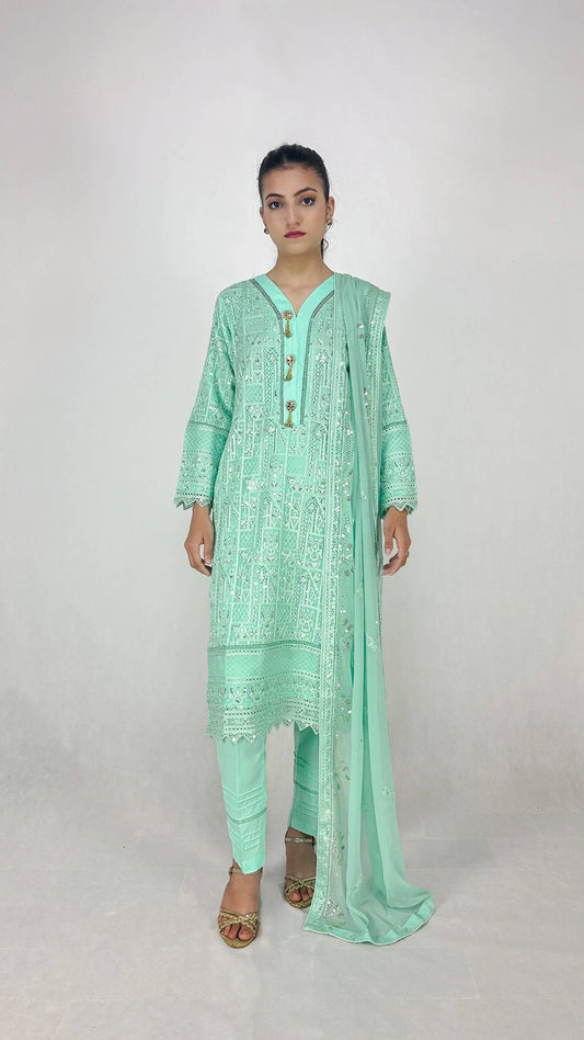 Mint Cream Chiffon Shalwar Kameez Embroidered Traditional Outfit Complete Look