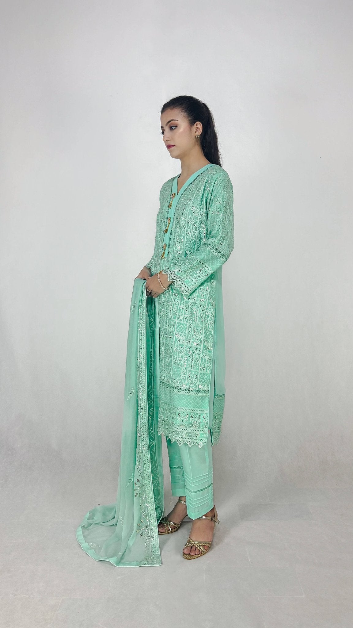 Mint Cream Chiffon Shalwar Kameez Embroidered Traditional Outfit Side Look