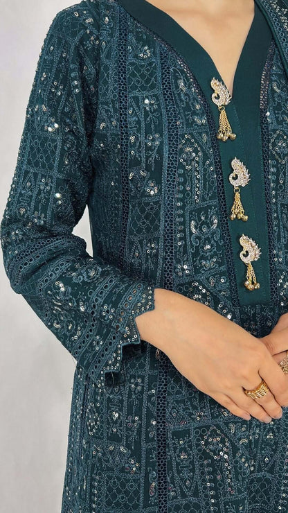 Dark Teal Chikankari Embroidered Chiffon Long Dress Anarkali Maxi Detailed Embroidery Look