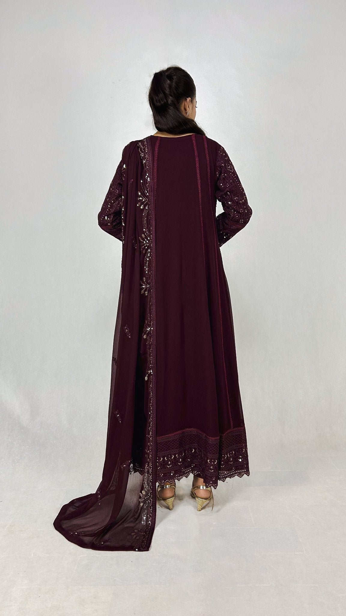 Dark Purple Chikankari Embroidered Chiffon Long Frock Maxi Anarkali Style Back Look