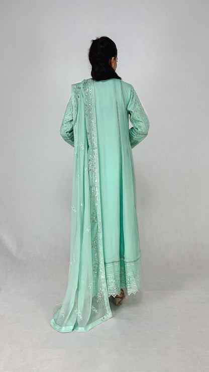 Mint Cream Chikankari Embroidered Chiffon Long Frock Maxi Anarkali Dress Back Look