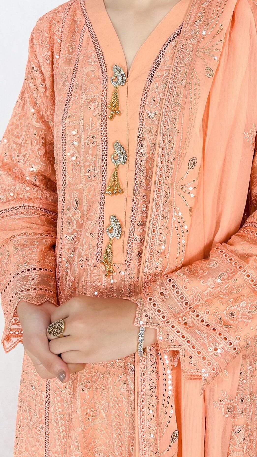 Peach Chikankari Embroidered Chiffon Long Dress Anarkali Maxi Complete Look