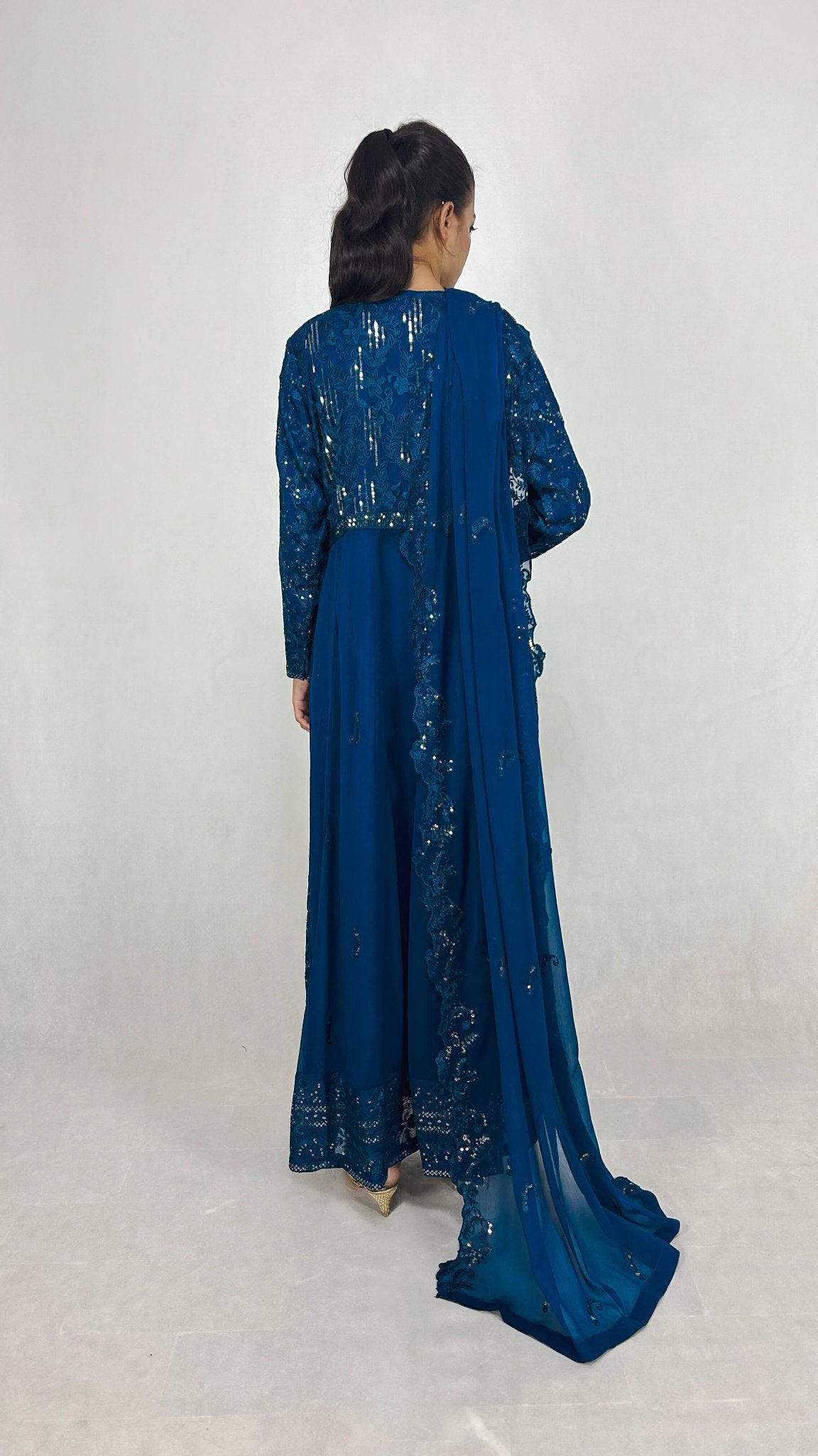 Peacock Blue Chiffon Pakistani Anarkali Gown Embroidered Long Frock Dress Back Look