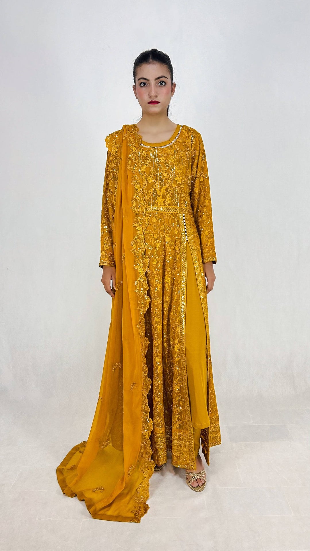 Mustard Yellow Pakistani Anarkali Gown - Embroidered Chiffon Long Maxi Dress Extra large / Mustard Yellow Mustard Yellow Pakistani Anarkali Gown - Embroidered Chiffon Long Maxi Dress Extra large / Mustard Yellow
