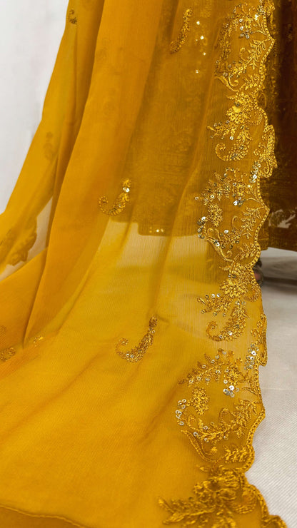 Mustard Yellow Pakistani Anarkali Gown Embroidered Chiffon Long Dress for Women Embroidered Dupatta Look