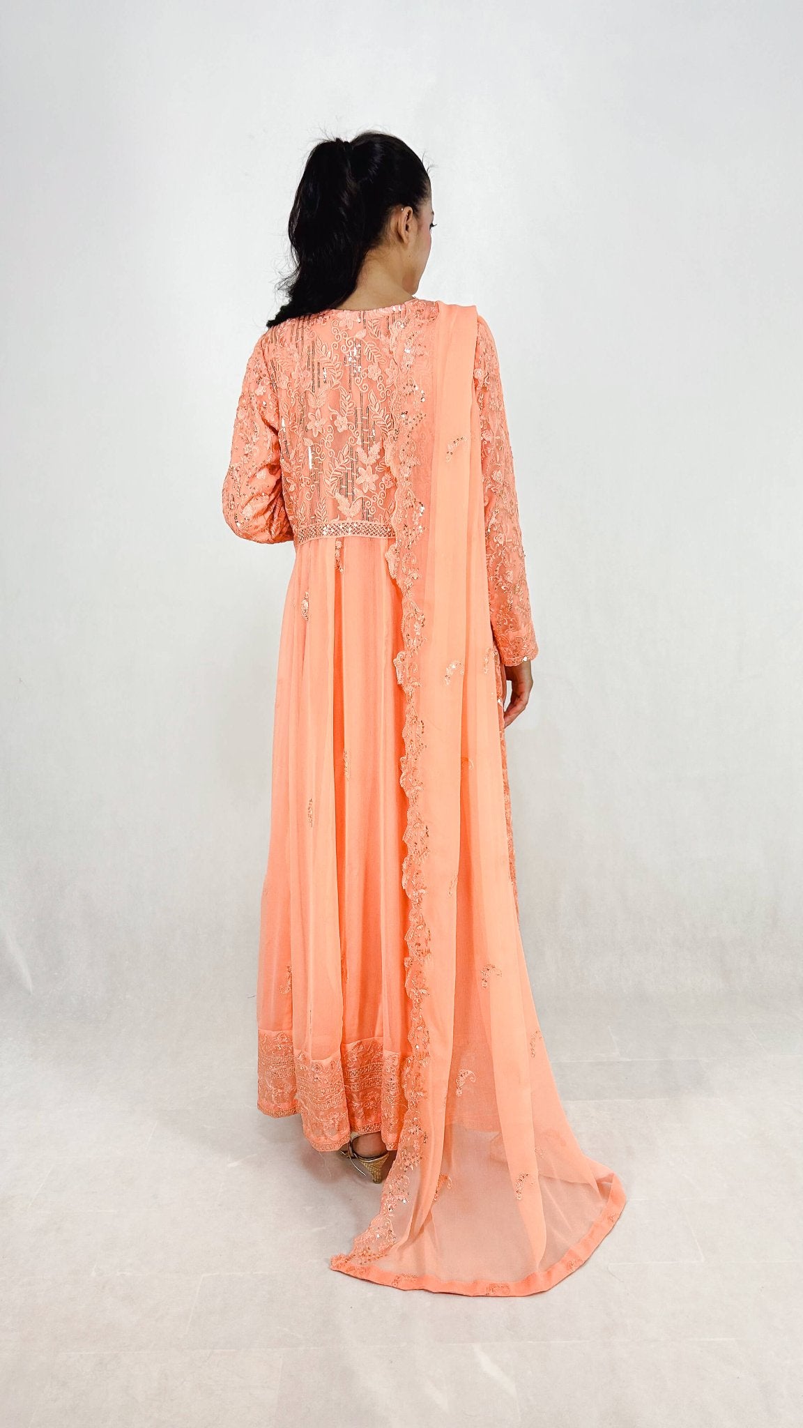 Melon Pakistani Embroidered Chiffon Anarkali Frock Long Gown Maxi Back Look