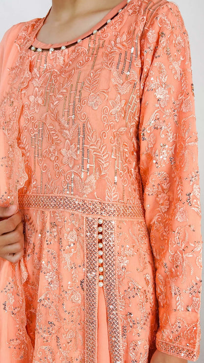 Melon Pakistani Embroidered Chiffon Anarkali Frock Long Gown Maxi Detailed Embroidery Look