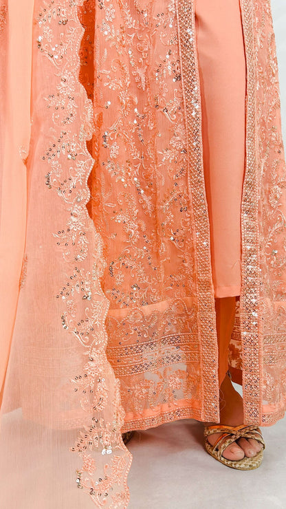 Melon Pakistani Embroidered Chiffon Anarkali Frock Long Gown Maxi Detailed Border Embroidery Look