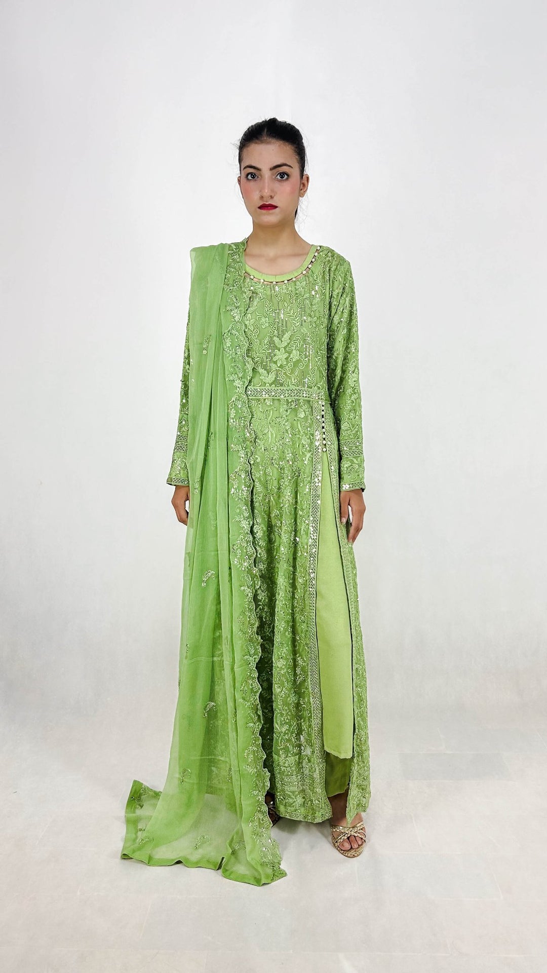 Olive Green Chiffon Anarkali Gown Side-Open Formal Dress Zarveil Olive Green Chiffon Anarkali Gown Side-Open Formal Dress Zarveil