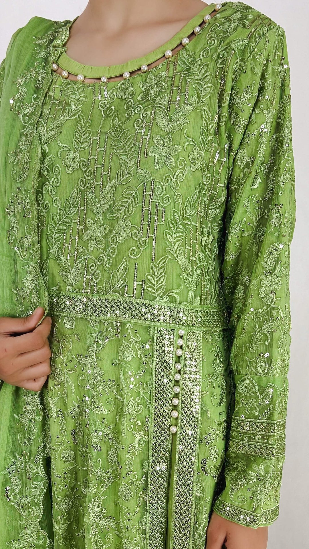 Olive Green Chiffon Indian Anarkali Gown Embroidered Long Frock Dress Detailed Embroidery Look