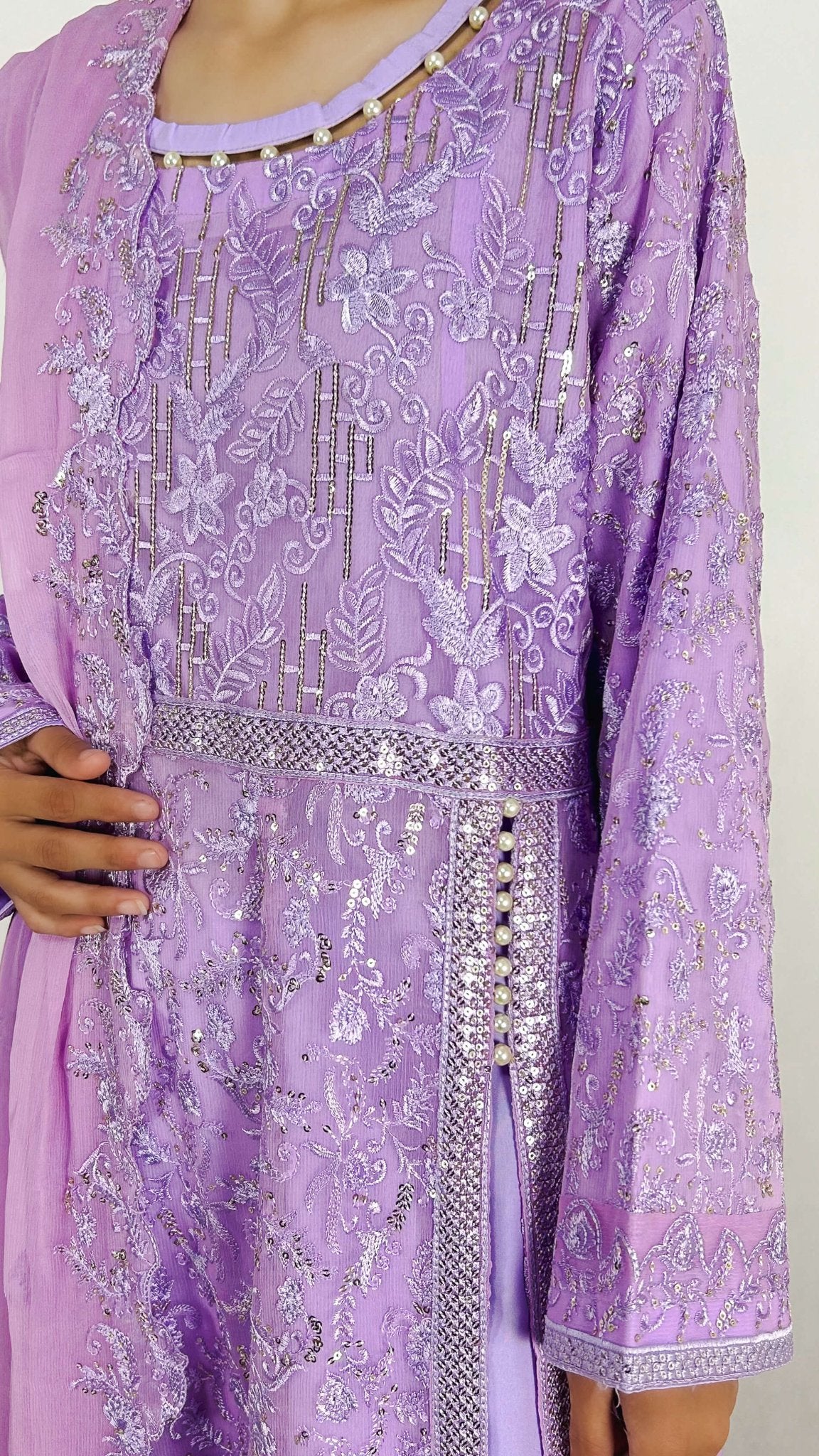 Lilac Indian Anarkali Long Frock Dress Embroidered Chiffon Gown for Women Detailed Embroidery Look