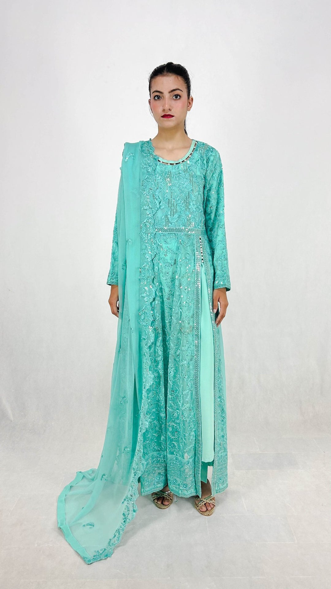 Light Blue Chiffon Anarkali Gown Side-Open Party Wear Formal Dress Zarveil Light Blue Chiffon Anarkali Gown Side-Open Party Wear Formal Dress Zarveil