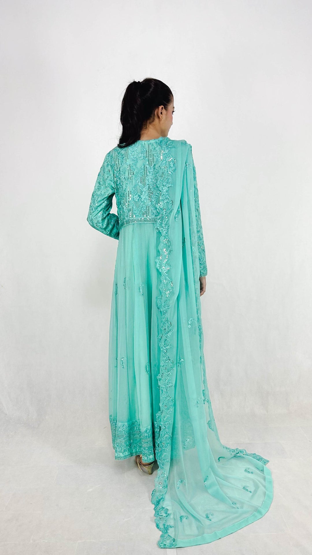 Light Blue Pakistani Embroidered Chiffon Maxi Long Frock Suit for Women Back Look