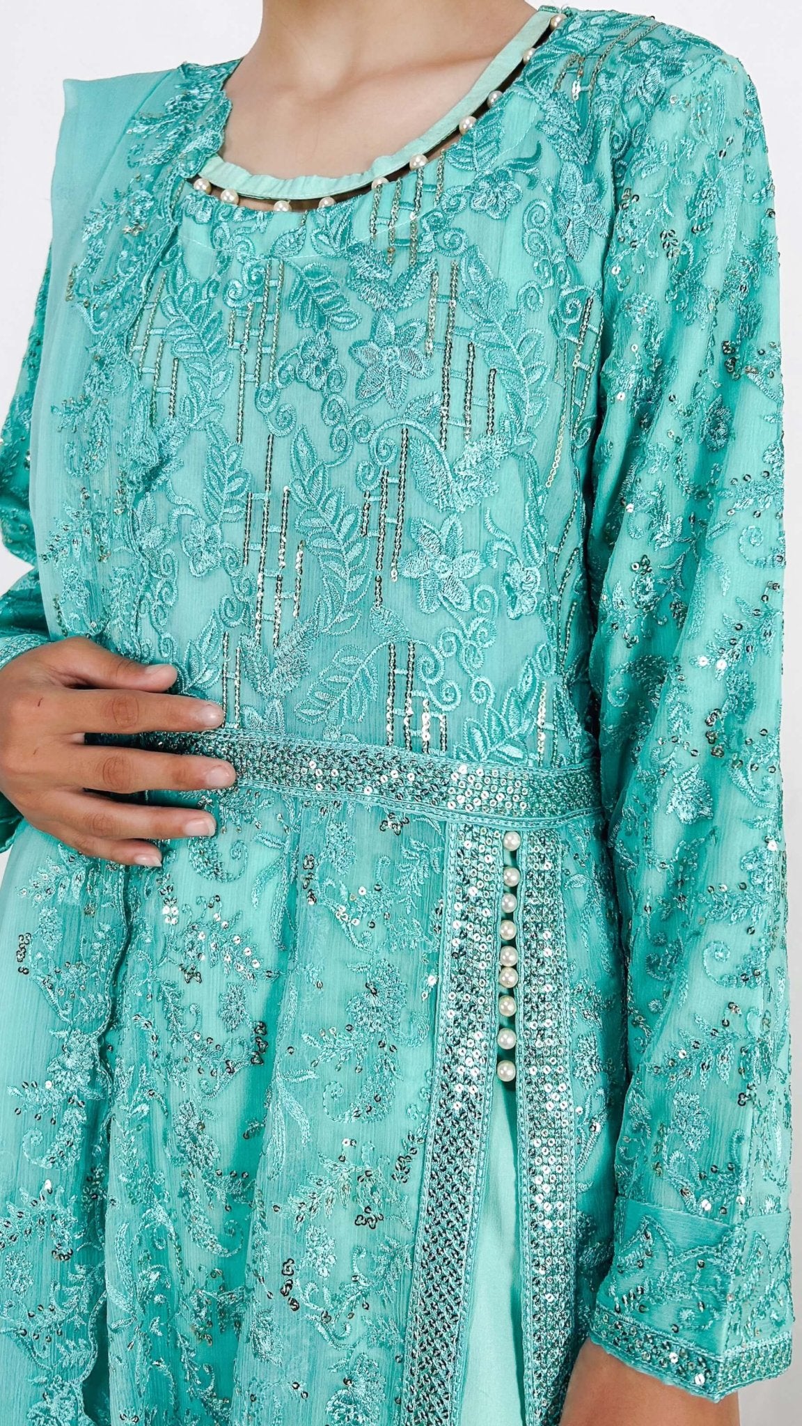 Light Blue Pakistani Embroidered Chiffon Maxi Long Frock Suit for Women Detailed Embroidery Look