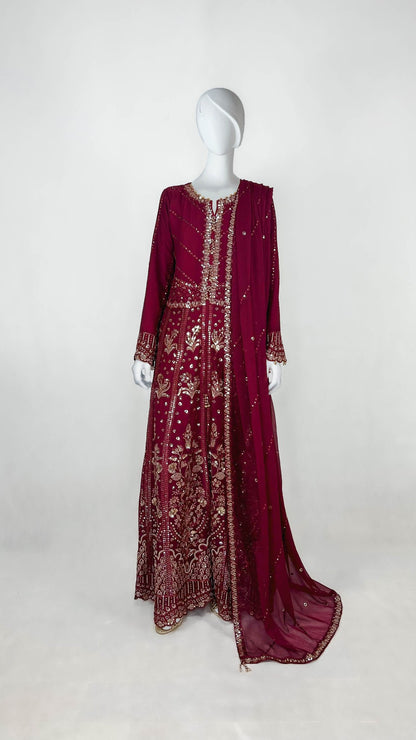 Maroon Pakistani Formal Wear Chiffon Anarkali Long Frock Dress Complete Look