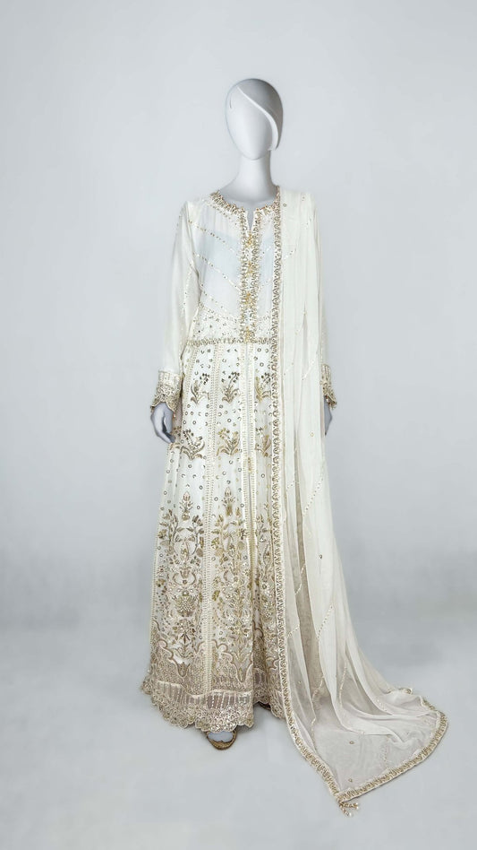 White Pakistani Formal Wear Long Gown Dress Anarkali Chiffon Maxi Complete Look