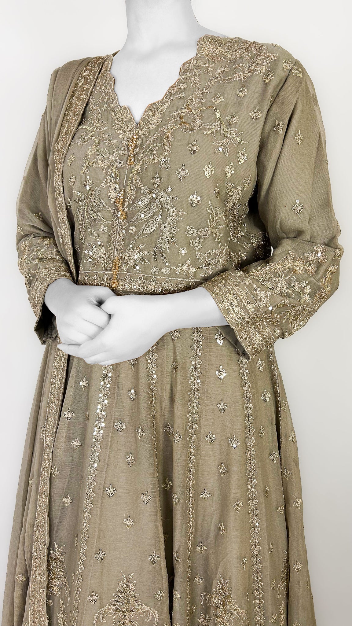 Light Brown Pakistani Formal Wear Long Frock Detailed Embroidery