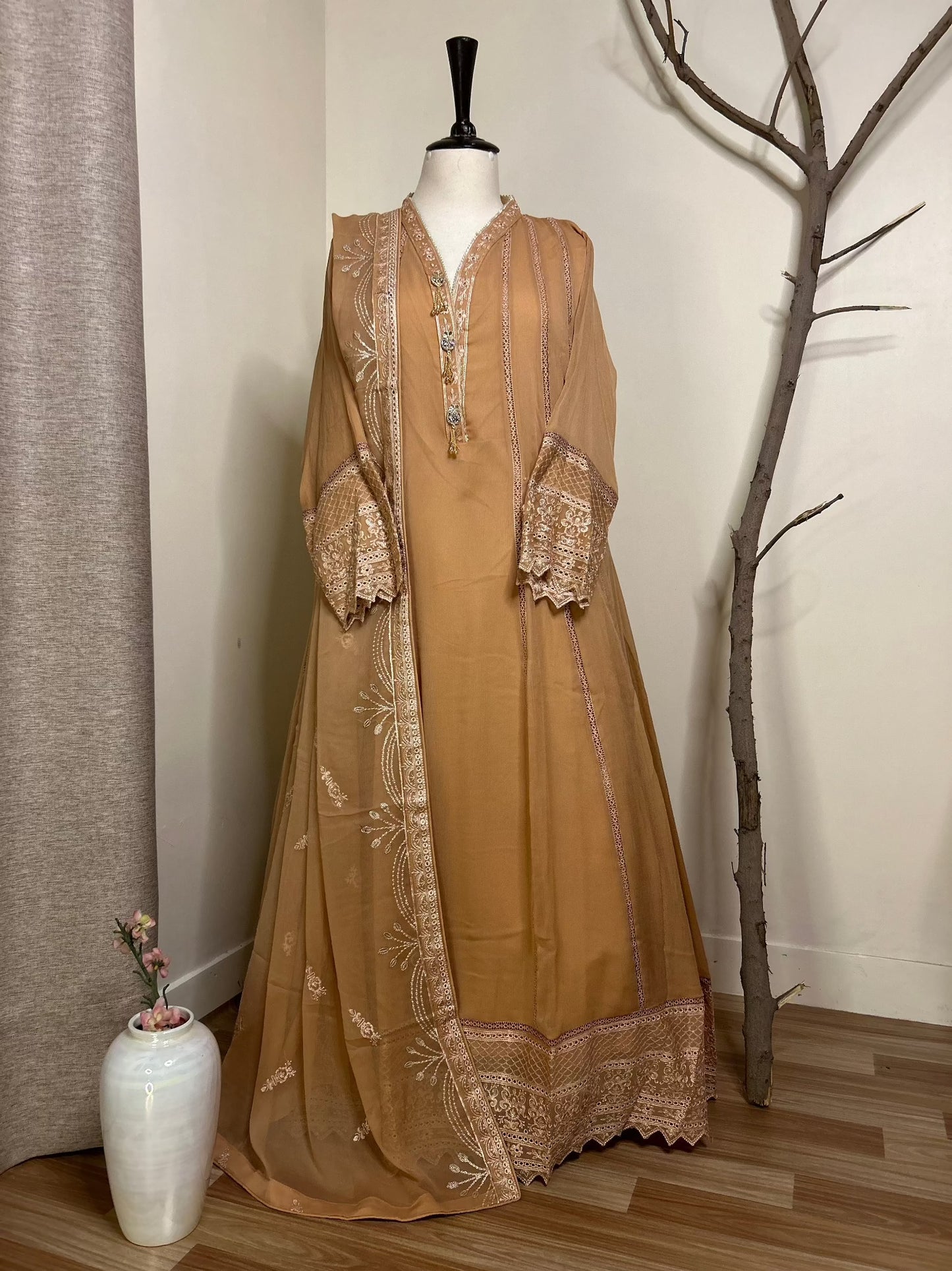 Bronze Pakistani Ready To Wear Formal Maxi Complete Look | Zarveil