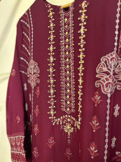 Hand Embroidered Maroon Salwar Kameez Suit Detailed Embroidered Neckline | Zarveil