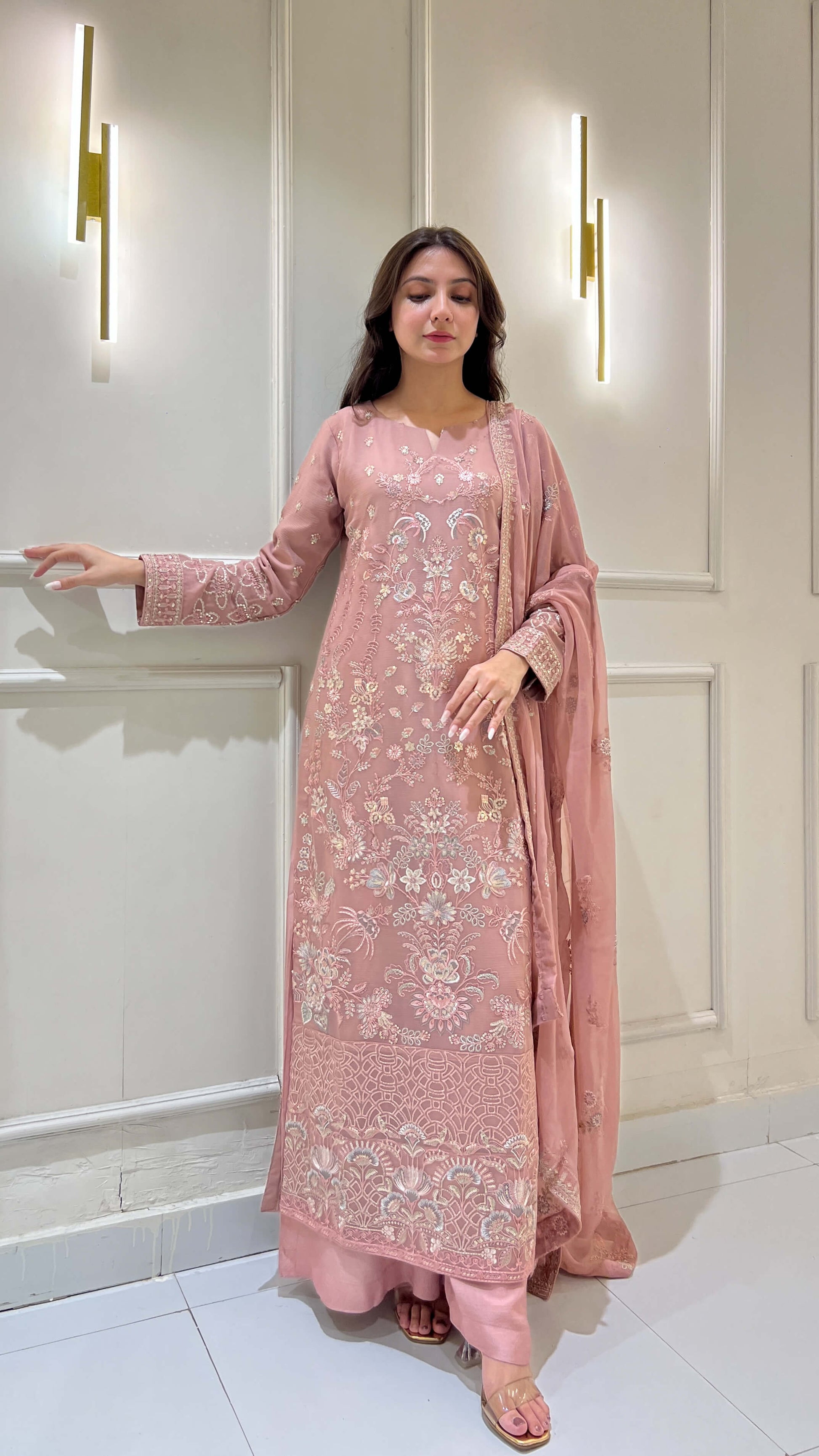 Peach embroidered chiffon shalwar kameez with matching dupatta