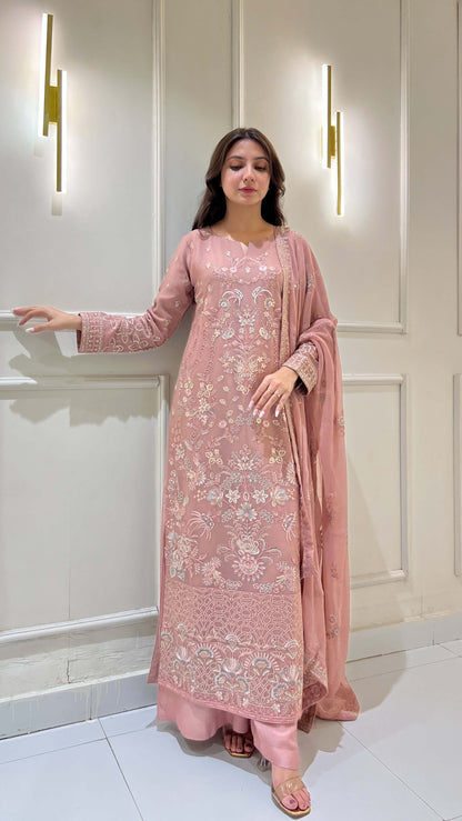 Peach embroidered chiffon shalwar kameez with matching dupatta