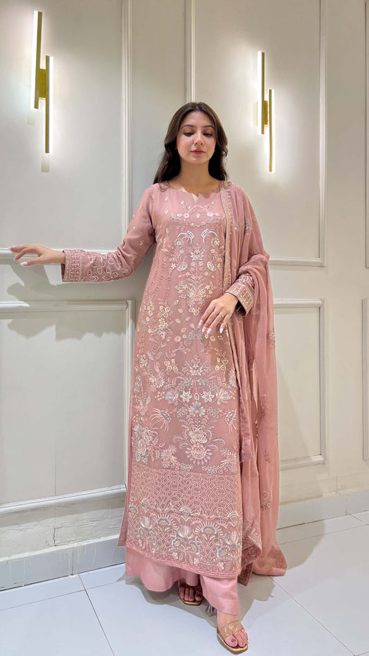 Tea pink embroidered chiffon shalwar kameez with matching dupatta