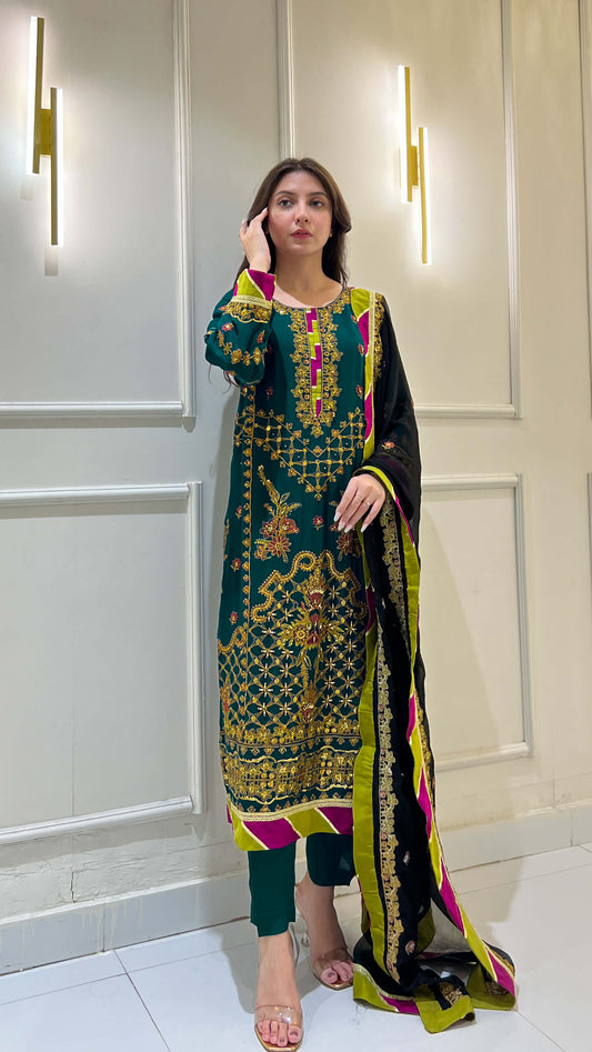 Hand-Embroidered Dark Sea Green Chiffon Suit Complete Look