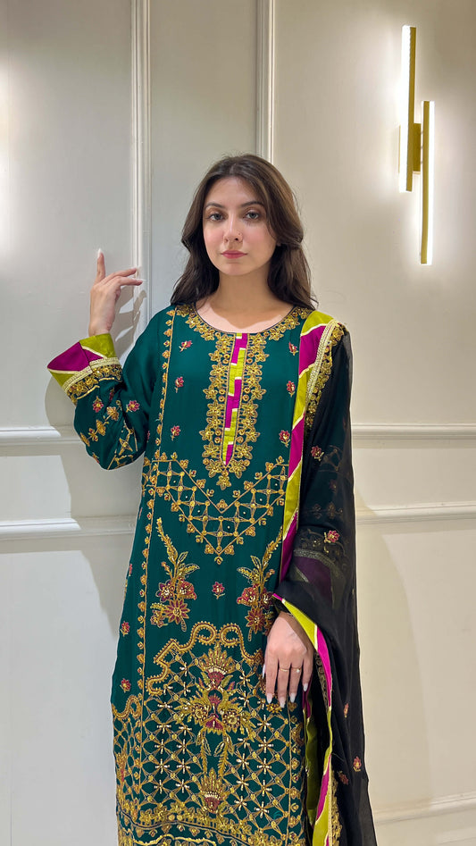 Hand-Embroidered Dark Sea Green Chiffon Suit