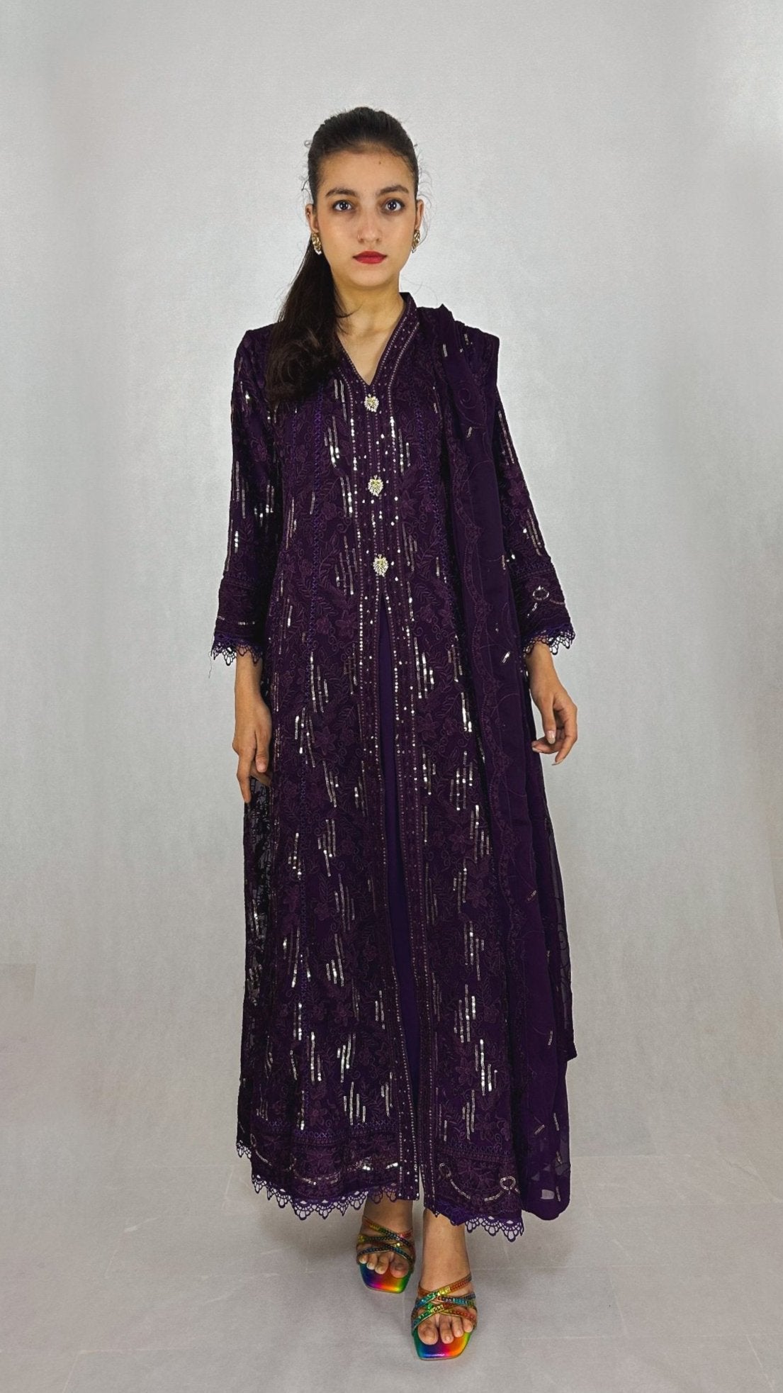 Dark Purple Pakistani Chiffon Anarkali Frock Embroidered Long Gown for Women Compete Look