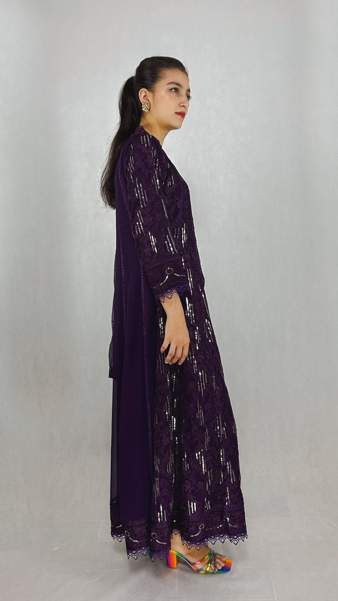 Dark Purple Pakistani Chiffon Anarkali Frock Embroidered Long Gown for Women Side Look