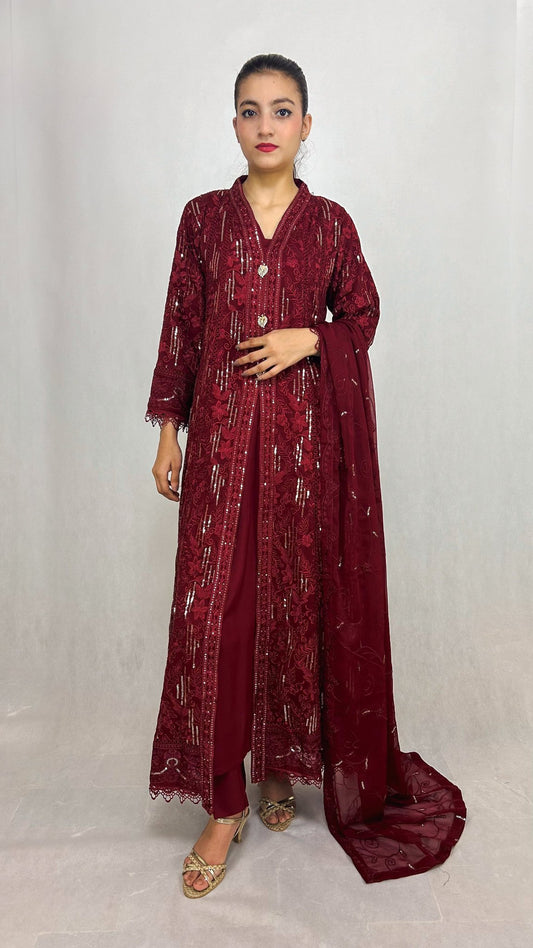 Maroon Anarkali Maxi Gown Embroidered Chiffon Long Suit Complete Look