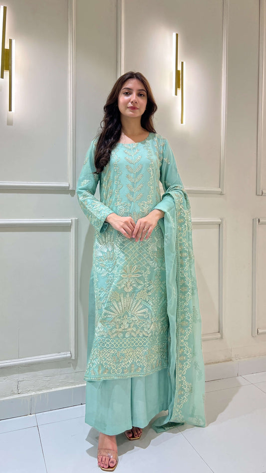 Model wearing light blue chiffon embroidered 3-piece suit