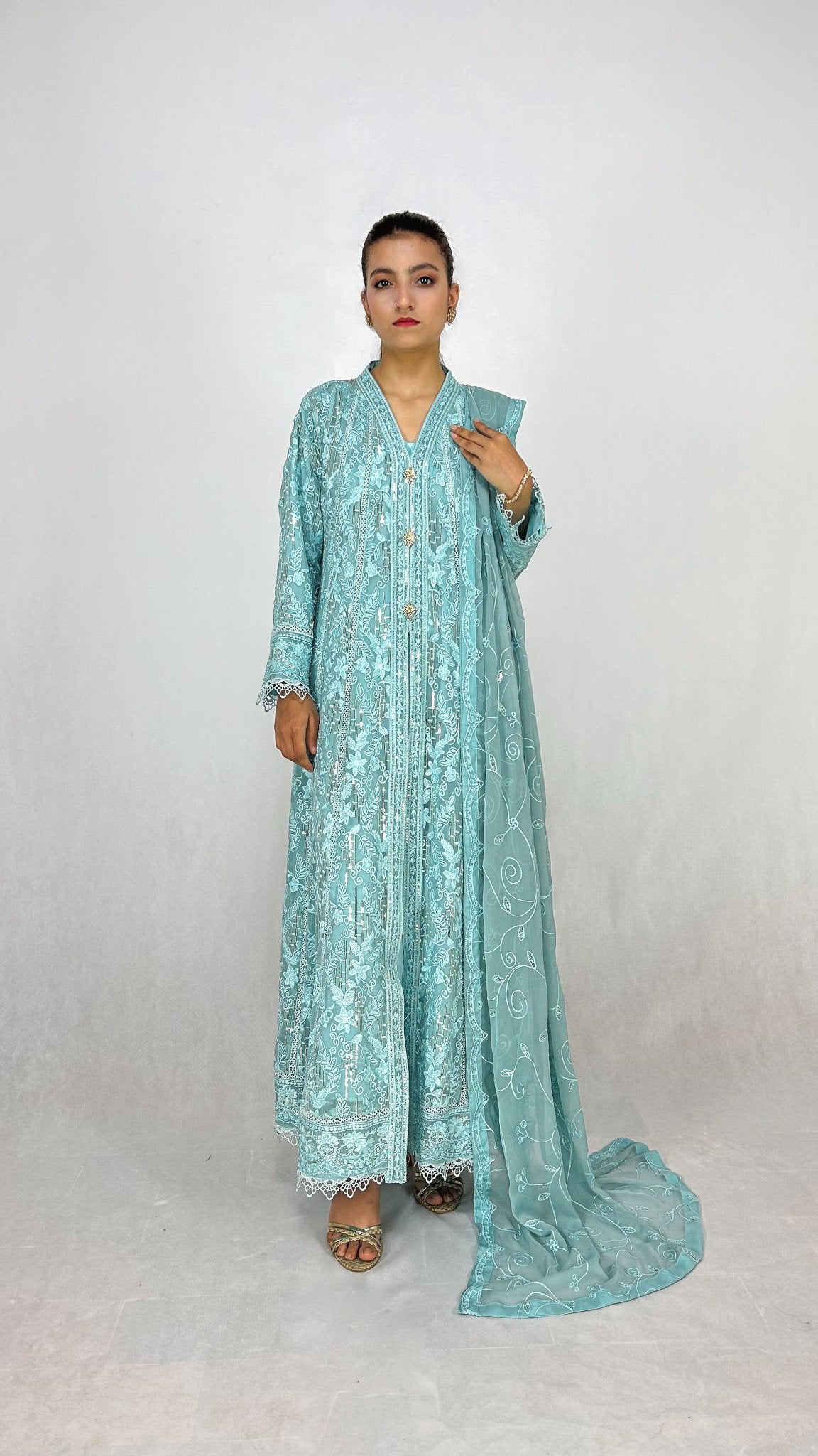 Ice Blue Indian Embroidered Chiffon Anarkali Maxi Frock Complete Look