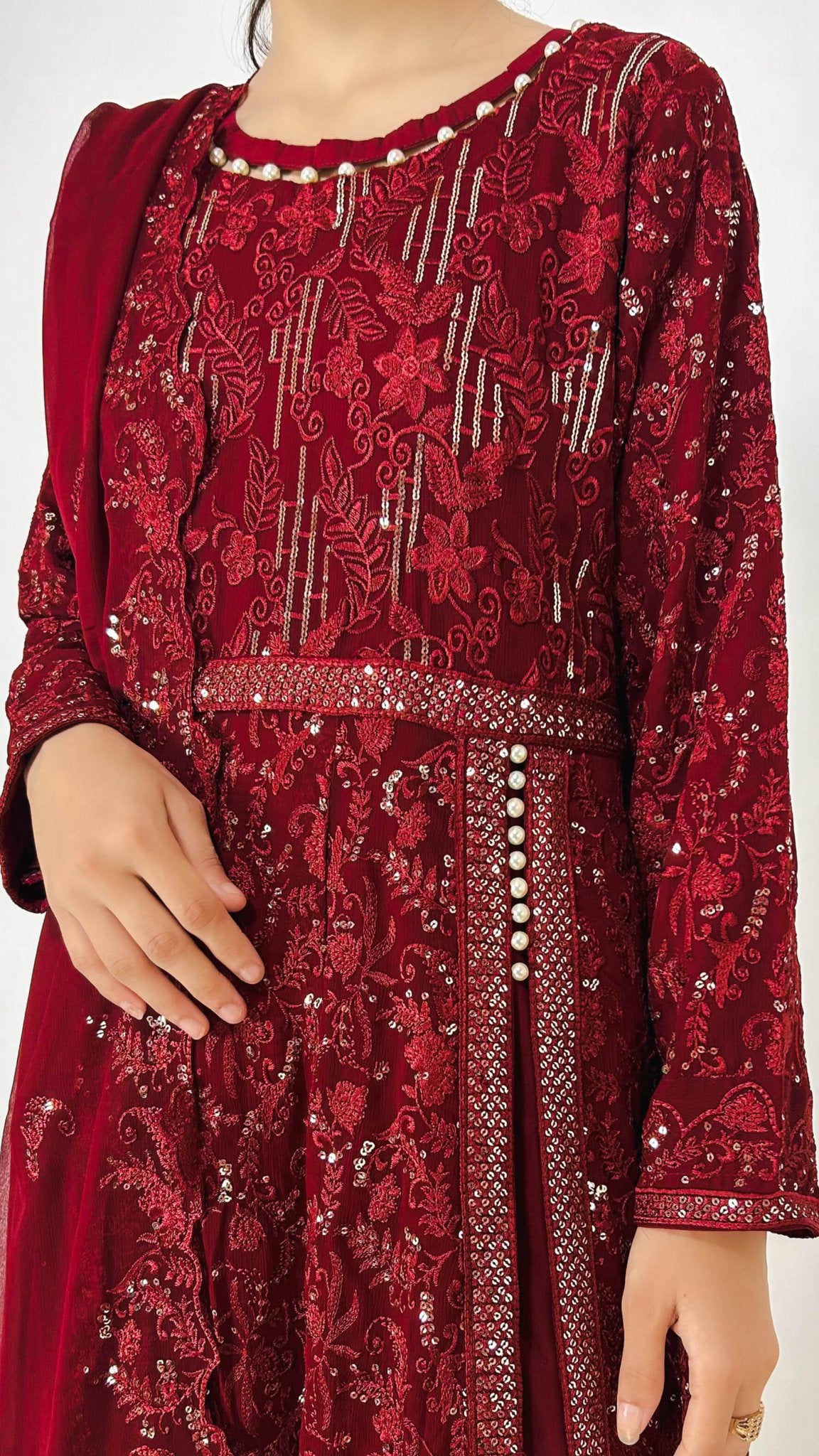 Maroon Indian Anarkali Maxi Embroidered Chiffon Frock Dress for Women Detailed Embroidery Look