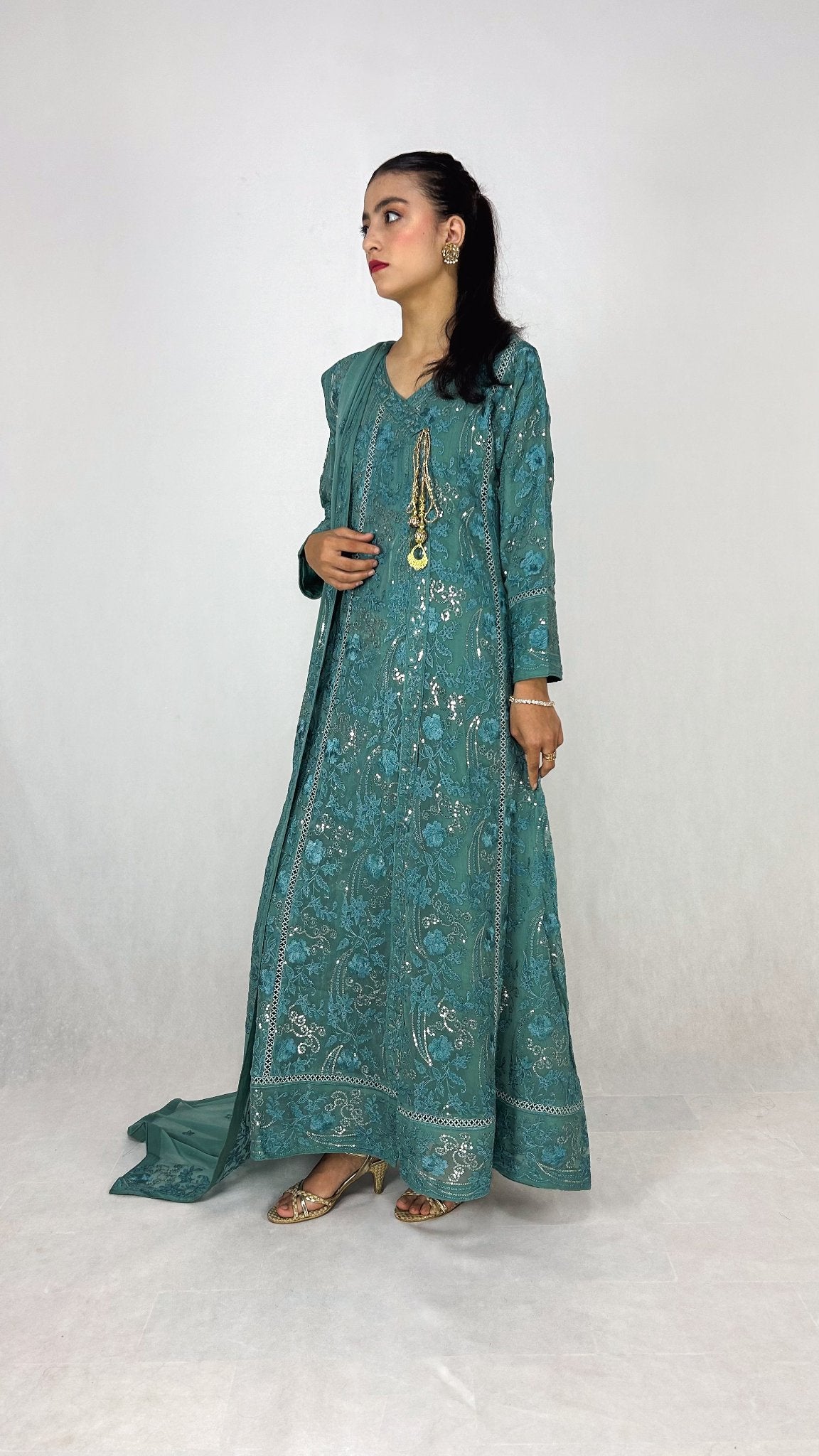 Teal Chiffon Angrakha Maxi Dress Embroidered Long Frock Side Look