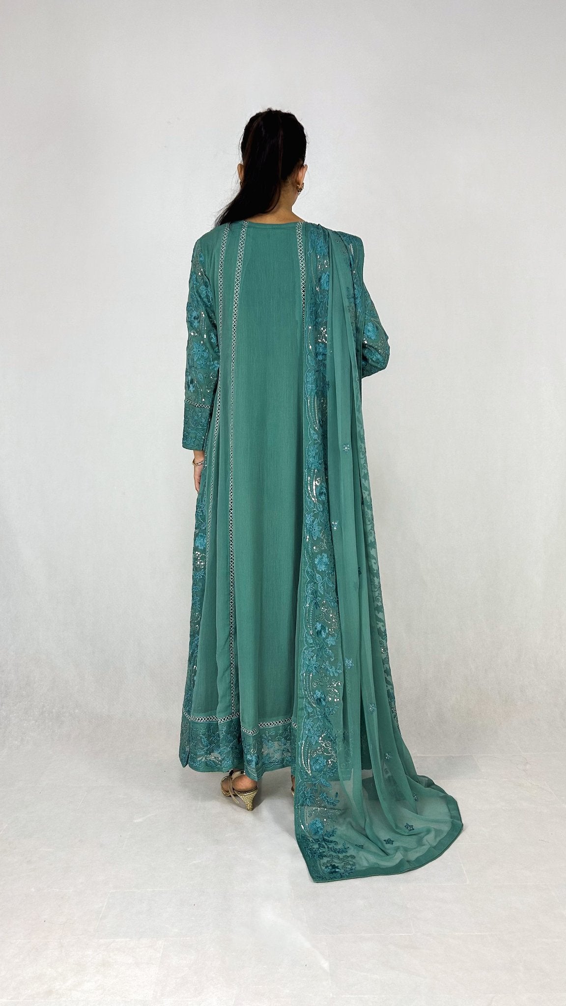 Teal Chiffon Angrakha Maxi Dress Embroidered Long Frock B Lookck