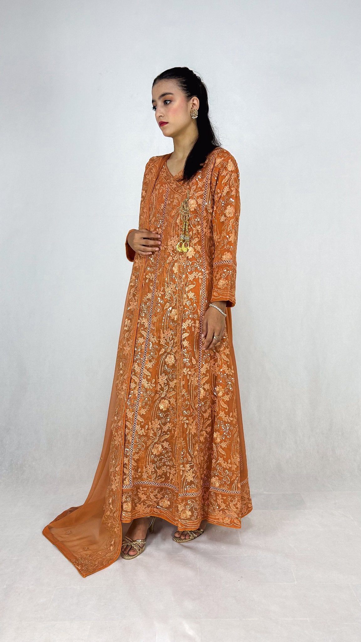 Peach Embroidered Chiffon Angrakha Dress Long Frock Maxi Side Look