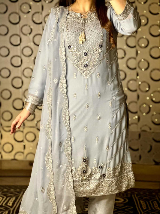 Women's Light Gray Chiffon Shalwar Kameez with Handwork Front Picture