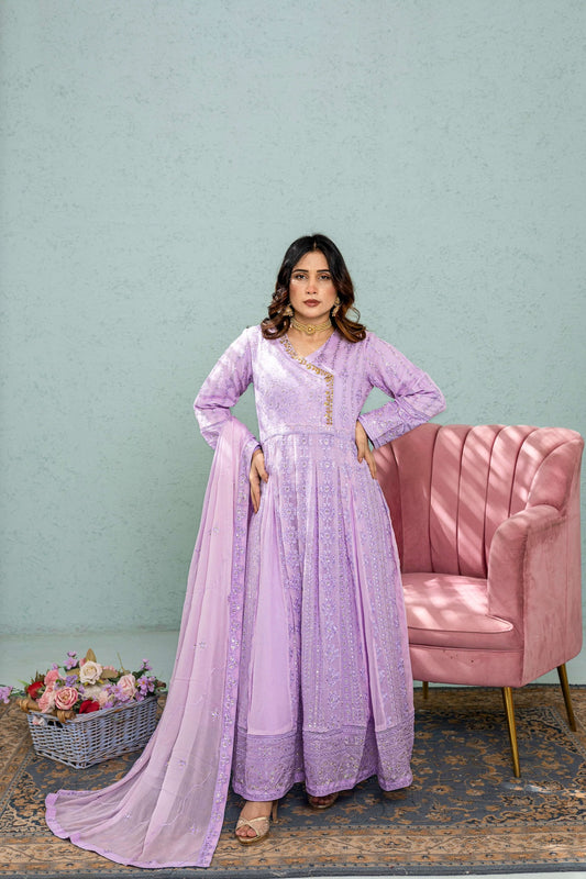 Lilac Anarkali hand embroidered frock front view