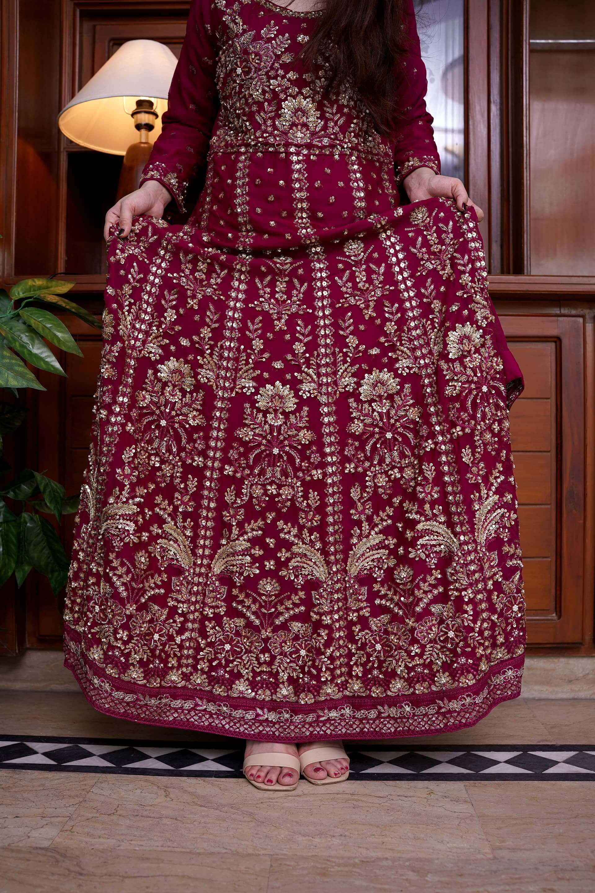 Magenta Chiffon Maxi Dress with Handwork Close Picture