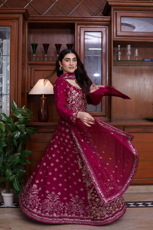 Magenta Chiffon Maxi Dress with Handwork Moving Side picture