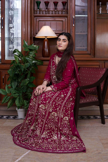 Magenta Chiffon Maxi Dress with Handwork Sitting pic