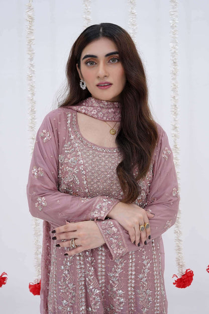 Mauve Luxury Chiffon Maxi Dress with Handwork Close Embroidery Picture