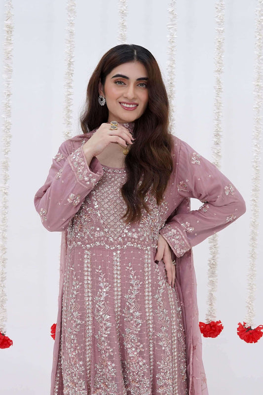 Mauve Luxury Chiffon Maxi Dress with Handwork Front Picture