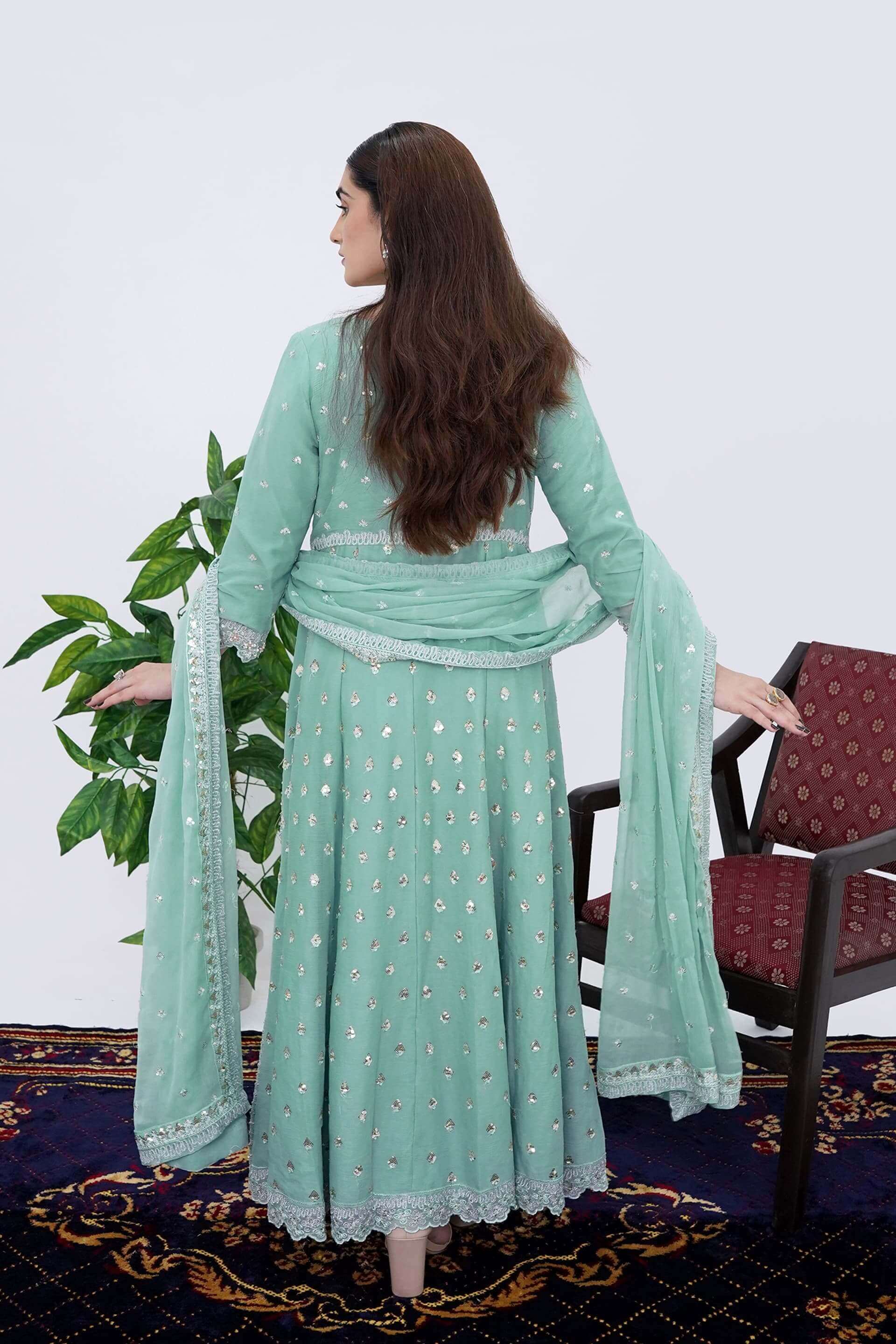 Women Wearing Mint Cream Designer Chiffon Maxi Dress with Handwork Back Picture