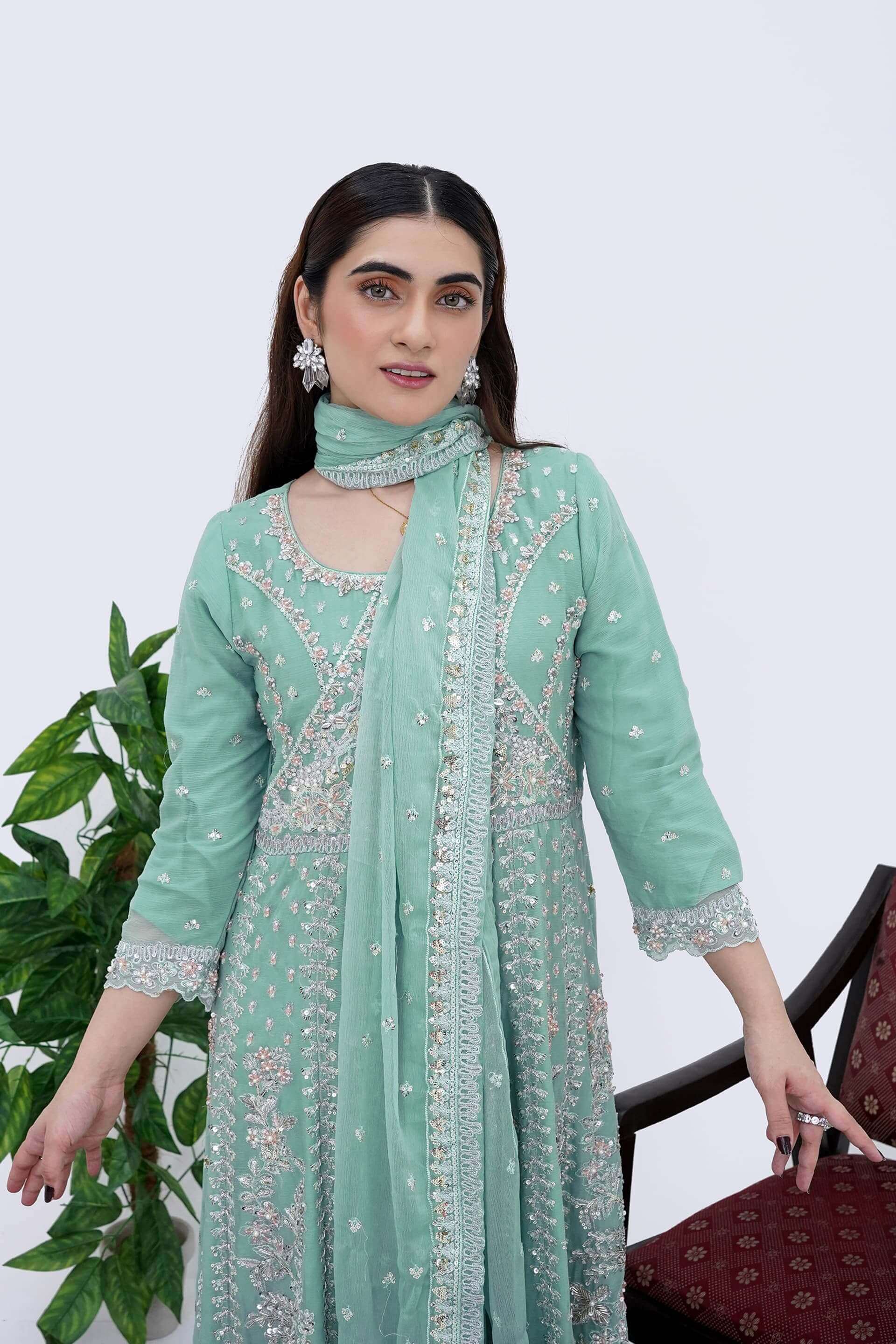 Women Wearing Mint Cream Designer Chiffon Maxi Dress with Handwork Close Picture 