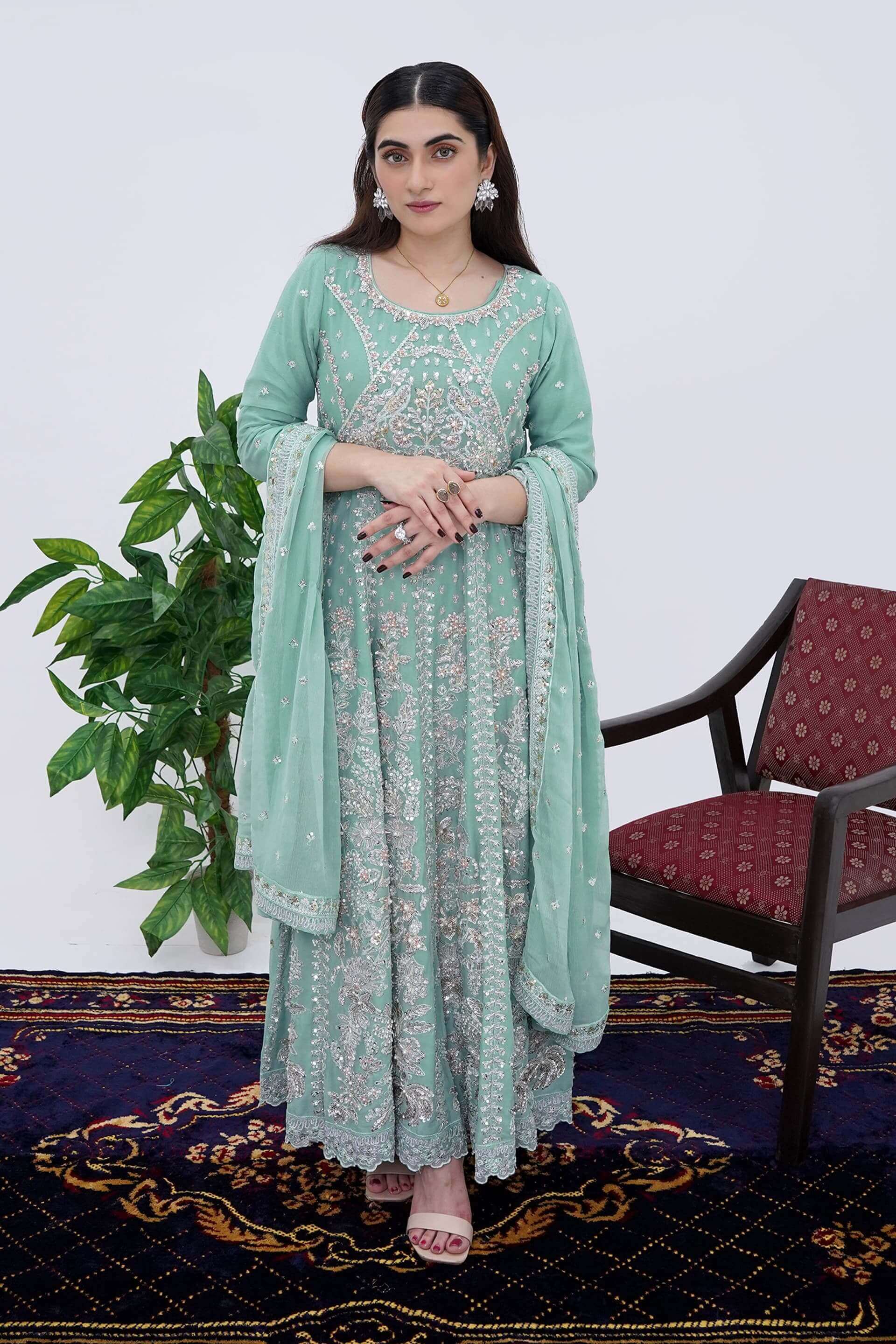 Women Wearing Mint Cream Designer Chiffon Maxi Dress with Handwork Complete Picture 