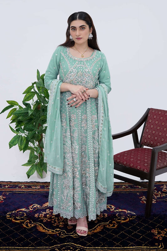 Women Wearing Mint Cream Designer Chiffon Maxi Dress with Handwork Complete Picture 